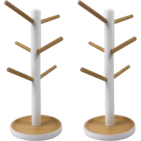 2 porte-tasses suspendus en bois avec 6 crochets, en forme d'arbre, support de rangement pour tasses à café et à thé - JBMEDIA (1/4)