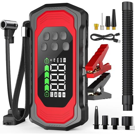 Démarreur Batterie 9000A 16000mAh, 9-en-1 Gonfleur/Pompe à Vide/Batterie Externe/Compresseur/Lampe de Secours/Feu Clignotant/SOS, Pompe à air san Fil USB-C - pour Diesel 14L et Tous Essence (1/5)