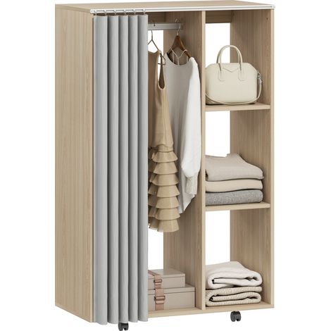 Mobile guardaroba con 4 ruote, asta appendiabiti e 8 ripiani, 80x40x128 cm, effetto legno naturale.