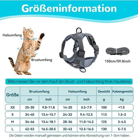 Harnais réglable anti-éclatement pour chat avec laisse - Harnais souple pour chat - Gris M (1/4)