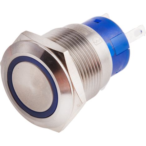 Bouton-poussoir, Verrouillable lumineux, LED Bleu, Unipolaire à deux directions (1RT), 5 A, Argent, Montage panneau 24V ( Prix pour 1 ) (1/2)