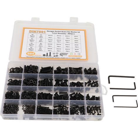 Kit 884 pièces vis à six pans creux M2 M3 M4 M5 en acier carbone, écrous et rondelles noirs, coffret de rangement inclus (1/5)