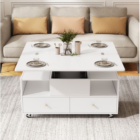 Mesa de centro elevable y extensible con 4 cajones, 100 x 50 x 47,5 cm, MDF blanco OKMYHOME (1/5)