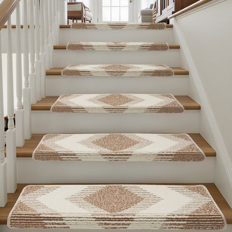 15tlg Set Rutschfeste Treppenstufenmatten Teppich-Stufenmatten selbstklebend 76×24cm, für Holztreppen, Khaki+Beige (1/5)