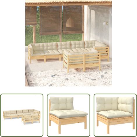 Terrassensofa - 8-tlg. Garten-Lounge-Set mit Creme Kissen Massivholz Kiefer (1/5)
