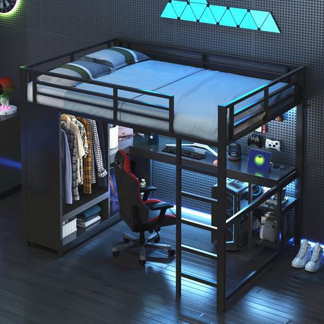 Lit mezzanine gaming 140x200 cm noir avec bureau, LED RGB, armoire ouverte et rangements, lit haut métal avec sommier à lattes inclus (1/5)