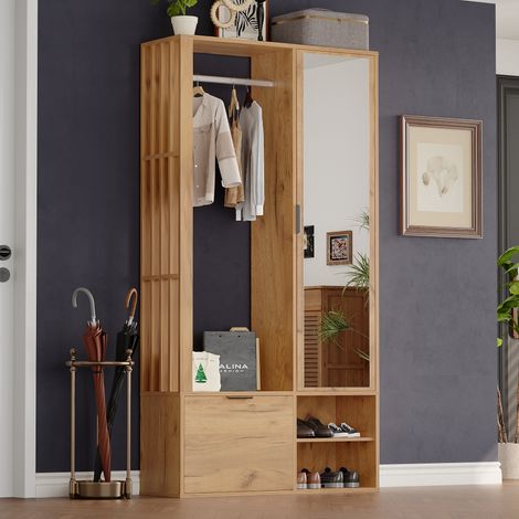 Armoire d'entrée bois 100x33x190cm, 6-en-1 avec porte-manteaux, penderie, étendoir, miroir, meuble à porte basse, largeur 100cm