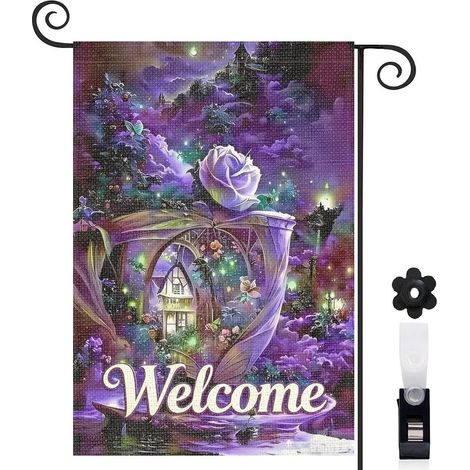 Bannière de cour arche florale et rose violette 30 x 45 cm décoration extérieure et intérieure (1/5)