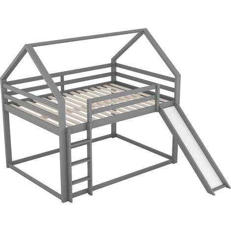 Lit enfant maison superposé avec toboggan et échelle 140 x 200 cm gris HOMVRA (1/5)