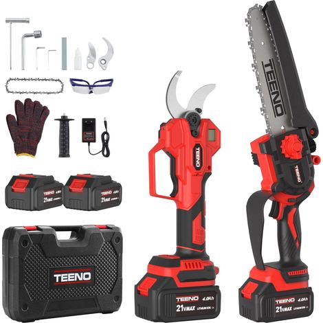 2 en 1 Ensemble d'Outils de Jardinage : Mini Tronconneuse à Batterie 6 Pouces + Sécateur Électrique Sans Fil 0-40mm, 2 X 4.0 Ah Batteries, Lames Acier SK5 pour Coupe de Troncs et Branches (1/5)