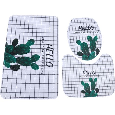 Tapis De Bain En Flanelle - Ensemble Antidérapant Pour Douche Et Toilettes - Design Cactus - Lot De 3 Pièces (1/5)