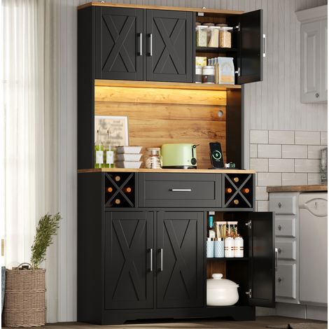 Mueble despensa de cocina con LED, botellero y vitrina, MDF, 105 x 40 x 180 cm, OKWISH (1/5)