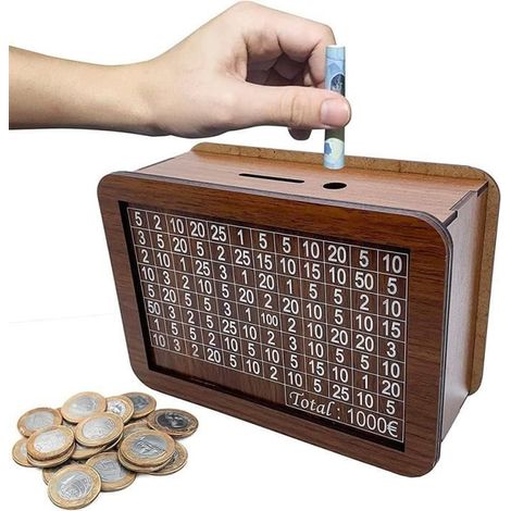 Tirelire en bois avec compteur, tirelire enfant avec objectif et chiffres, tirelire en bois Coin Bank, boîte de rangement (1/4)