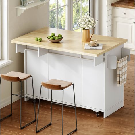 Îlot de cuisine 120x45x87 cm naturel et blanc en MDF avec plateau rabattable et roulettes (1/5)
