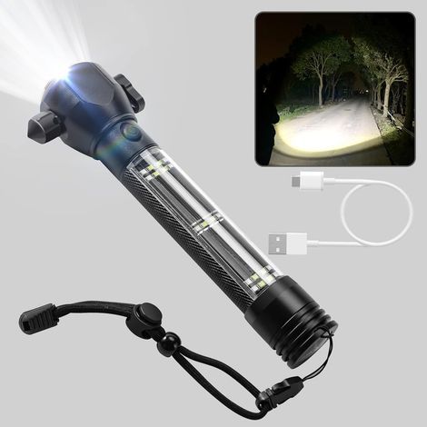 Solaire Lampe Torche LED Ultra Puissante Rechargeable 10000 Lumens Lampe de Poche avec Aimant Marteau Couteau Boussole Alarme 7 Modes Zoomable pour Survie Camping Voiture IP67 Étanche (1/5)