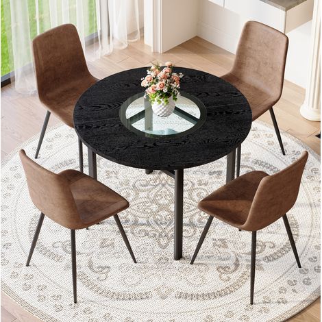 Set mesa redonda moderna 100 cm con 4 sillas de tela marrón y estructura negra (1/5)