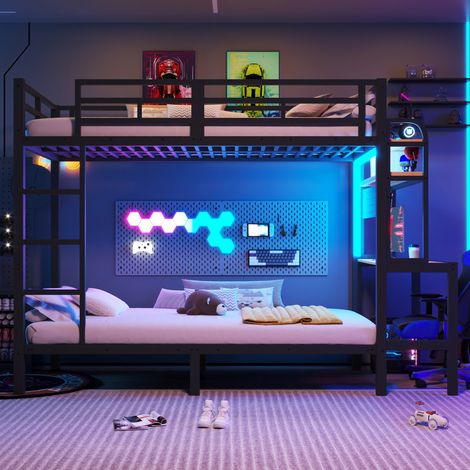 Lit superposé 90x200 cm, cadre en métal noir, étagère de rangement, bureau intégré, barre LED avec port USB, garde-corps de sécurité, échelle, sans matelas (1/5)