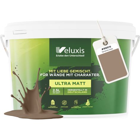 Wandfarbe Braun Beige Grau Matt Innenfarbe – Deckkraft Klasse 1, VOC-frei, Ohne Grundierung, Tropfarm – Wohnzimmer & Schlafzimmer – 2,5L – Veluxis (Dynamic Date)