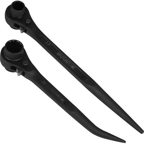 2x Wende-Ratschen-Gerüstschlüssel, 17/19 mm gerader Griff + 19/22 mm gebogener Griff, CR-V Gerüst-Ratschenschlüssel, Schwarz (1/5)
