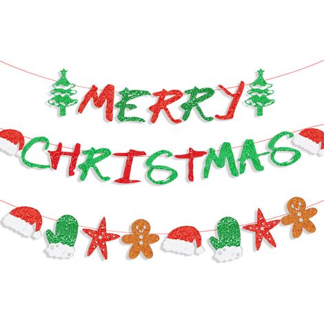 Bannière de Noël « Merry Christmas » à paillettes, guirlande fanion avec bonnets, bonhommes pain d’épice et sapins, décoration suspendue intérieure festive, multicolore (1/5)