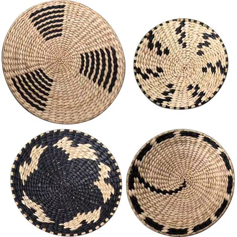 Decoración de pared [Hecha a mano] – Decoración de fibra natural tejida – Juego de 4 piezas, negro – Diseño nórdico – Gruesa, forma redonda – Adorno artesanal de alta calidad (1/5)