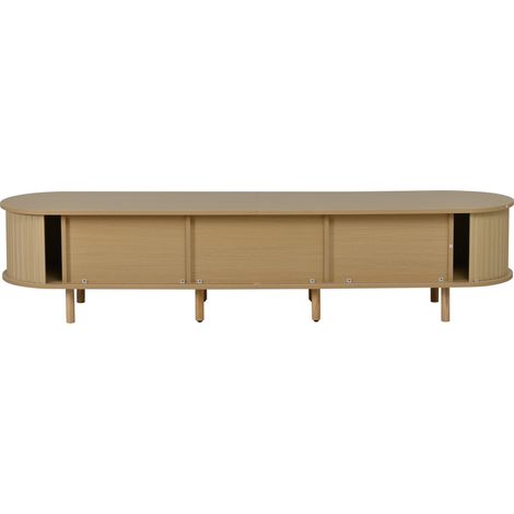 Meuble TV design ovale en MDF avec porte coulissante et tiroir en rotin, 180x40x40 cm, couleur bois clair (1/5)