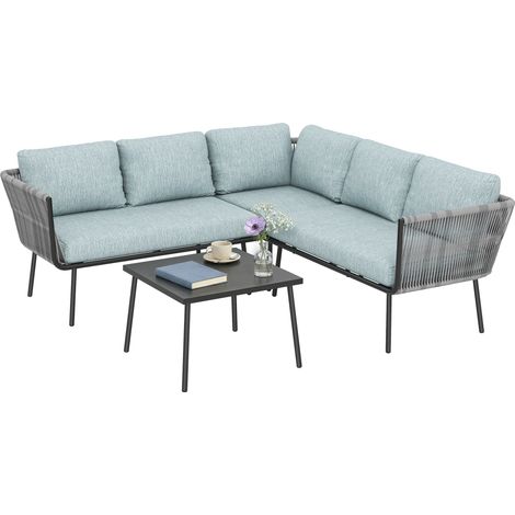 Outsunny conjunto muebles de ratán 4 piezas set de muebles de jardín 2 sofá de 2 plazas sofá de esquina mesa de centro con 6 cojines acolchados azul