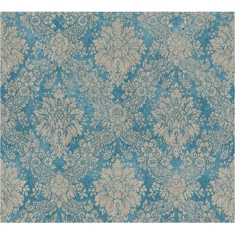 Baroque wallcovering wall Profhome 336075 hot embossed non-woven wallpaper smooth baroque style matt turquoise pastel blue grey beige 5.33 m2 (57 ft2) (1/5)
