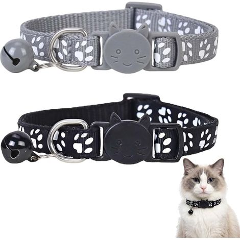 Lot De 2 Collier Chat Réglable Avec Fermoir De Sécurité Et Grelot, Collier En Nylon Pour Petits Chats De Toutes Tailles (Noir/Gris) (1/5)