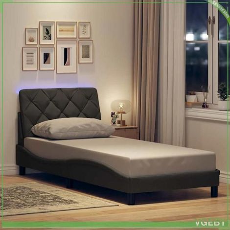Cadre de lit - 90x200 - Tissu gris foncé - LED intégrée réglable - Sommier à lattes (1/5)