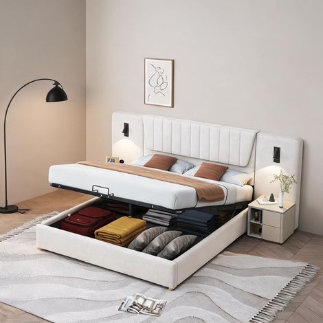 Cadre de lit beige en upholstered 206 x 246,5 x 109 cm (1/5)