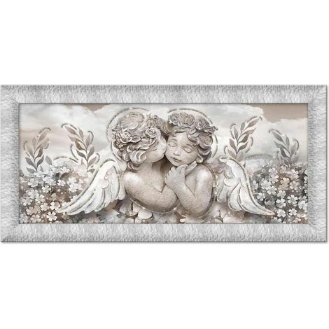 Lupia - Quadro Moderno su tela con Cornice PRINCE Multicolor ANGELS IN FLOWERS MIX SILVER, con Glitter brillantini, 63x133 cm, per Soggiorno, Camera da Letto Testata, Capezzale, Design Elegante (1/4)