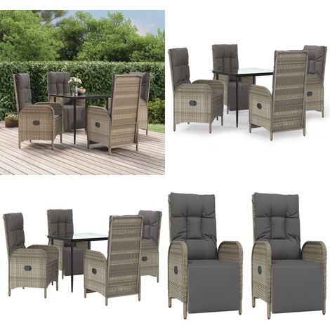 5-tlg. Garten-Essgruppe mit Kissen Schwarz und Grau Poly Rattan - Gartentisch - Garten-Essgruppe