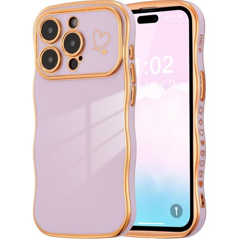 Compatible avec iPhone 15 Pro Max Coque pour Femmes et Filles, Cadre en Forme de Vague Bouclée Coque en Silicone Souple Flexible Etui avec Motif Coeur et Bordure Dorée, Pourpre (1/5)