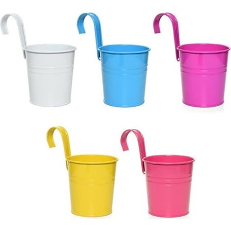 Lot de 5 pots de fleurs à suspendre en métal avec crochet pour décoration intérieure et extérieure pour balustrade (multicolore A) (1/5)