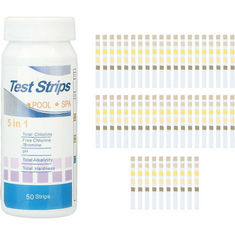 50 5-in-1 Pool-Teststreifen: Wasserqualität (pH-Wert, Chlor, Gesamtalkalität, Chlorfreiheit).