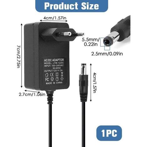 Adaptateur Secteur 12V 2A 24W Universel, Transformateur AC DC 12V 24W pour Haut-Parleurs, Bandes LED, Routeurs, Caméras CCTV et Autres Appareils Électroniques, Alimentation 12V 2A 5.5mm x 2.5mm