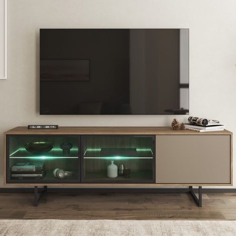 Mobile Porta tv Travesio, 3 Ripiani, 3 Ante, Anta e Ripiani Dettaglio Vetro, con Luci led, 185x40x60h cm Marrone Noce (1/4)