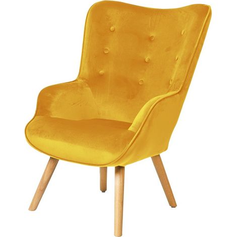 Poltrona da salotto in velluto giallo senape con piedi in legno collezione ENJOY. Stile scandinavo.