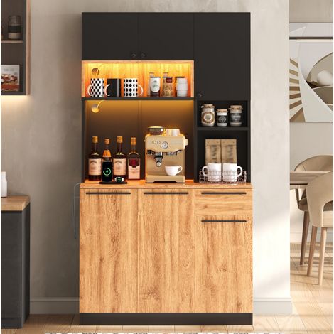 MODFU – Aparador alto de cocina 100x40x180 cm de MDF con LED RGB, enchufes USB, 6 puertas, cajón y zona abierta – Natural (1/5)