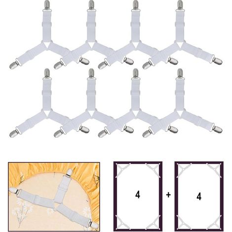 0 - 8 Pièces Drap de Lit Attaches, Réglable élastiques Triangle Sangles de Soutient pour Drap-Housse et Drap Plat Draps de Lit, Matelas, Canapé Coussin, Nappes, Planche à Repasser,Blanc (1/5)
