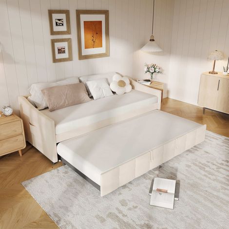 Lit gigogne 90x200 cm - Velours Beige - Canapé-lit extensible - 2 places - 370 kg de charge - Sommier à lattes inclus - Contemporain