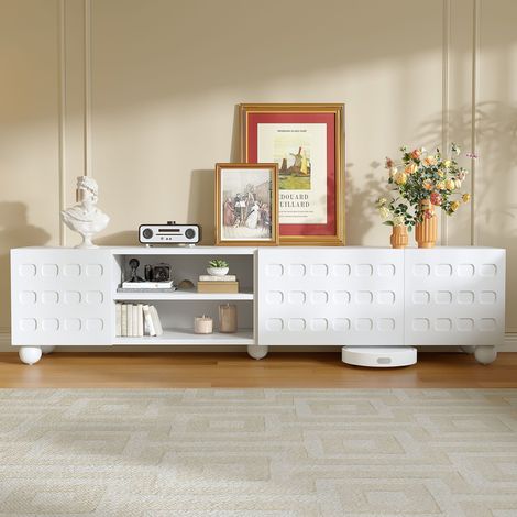 Meuble TV bas 200 x 40 x 44cm blanc avec 3 portes et 5 pieds pour TV jusqu’à 80 pouces (1/5)