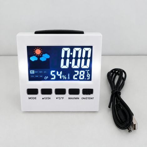 Station météo réveil numérique LED blanc avec câble USB, calendrier et thermomètre hygromètre blanc usb 9,3 × 3,9 × 9,6 cm 150 g – Livraison gratuite