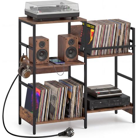 COSTWAY Mobile per Giradischi, Supporto per Vinile con Stazione di Ricarica, Mobile Porta Giradischi con 3 Ripiani, Scomparto, Ripiano Porta Vinili e 3 Ganci per Soggiorno e Studio, 78 x 30 x 78 cm (1/5)