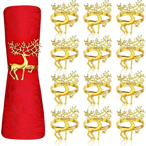 Anneaux de serviette élans dorés 12 pièces, 4 cm, pour décoration de table de Noël, mariage, Thanksgiving et événements festifs (1/5)