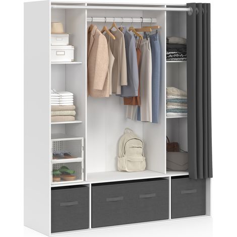 Dressing double penderie DIANE 140 x 45 x 167 cm blanc avec étagères + boites de rangement + rideau gris