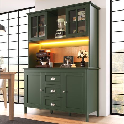 Credenza cucina 120/40/179 cm verde con ante in vetro, LED e ampio spazio (1/5)