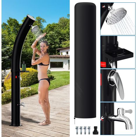 Randaco Ducha solar de 35 l con columna curvada y jabonera, incluye funda protectora y tapón de drenaje (ducha de jardín, ducha de piscina, camping)