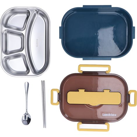 Boîte-repas isotherme 4 compartiments en acier inox - Idéale bureau, école, enfants - Modèle bleu et jaune (1/5)